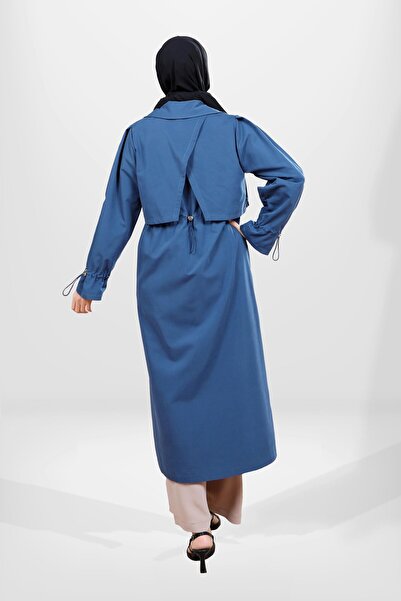 Beyza 3838 Düğme Detaylı Tesettür İndigo Trençkot