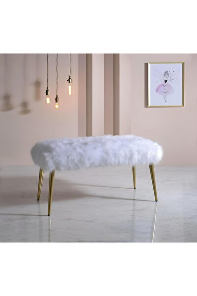 BEYLERBEYİ Ahşap Ayaklı Handmade Geniş Oturum Alanlı Krem Peluş Kumaş Pofidik Puf Bench ,ayak Ucu Uzatmalık