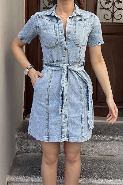 GÜLSELİ Μπλε τζιν φόρεμα με διπλή τσέπη με λεπτομέρεια στη μέση