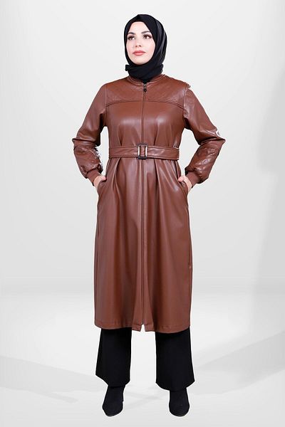 Beyza 3787 Μοντέλο Καφέ Χρώμα Hijab Δερμάτινο Καπάκι με φερμουάρ