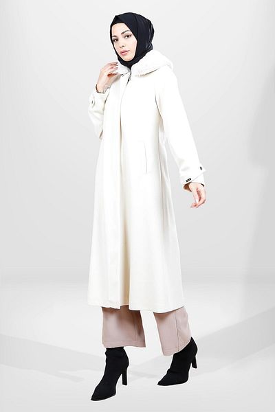 Beyza Ecru Fatih Mobile Hijab Coat - Fur Collar, Model 3628