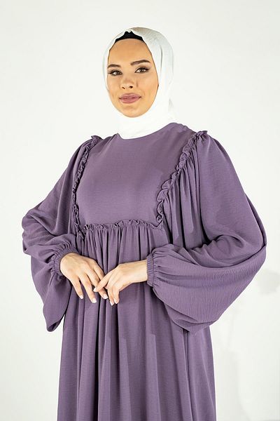 Beyza Λιλά Φόρεμα Hijab - Τετράγωνο Ρόμπα και Συρματόσχοινο, Flowy 5454