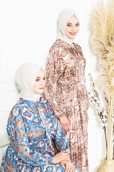 Beyza Büklüm Düğmeli Kemerli Kahve Tesettür Elbise 5364