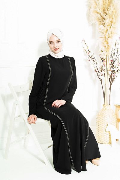 Beyza Μαύρο Φόρεμα Hijab - Aydan Stone Stripe, Μοντέλο 5288