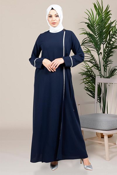 Beyza Hijab Navy Blue Διπλό Φόρεμα - Πέτρινη λεπτομέρεια, Sticky Arduva 5383