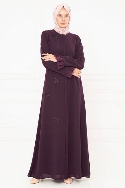 Beyza Plum Ferace με Πέτρινη Κέντημα και Λεπτομέρεια από Αιγαίο Τούλι 3195