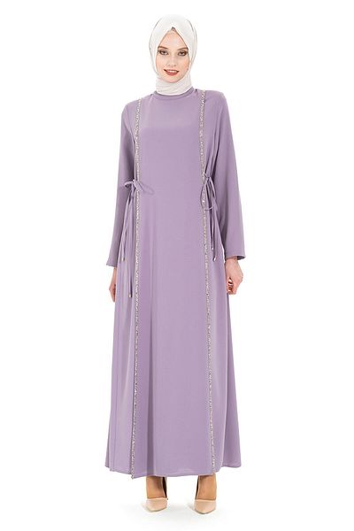 Beyza Λιλά Φόρεμα Hijab - Πέτρινη ρίγα Aydan, Μοντέλο 5288