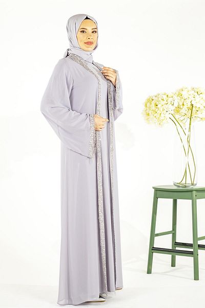 Beyza Γκρι σιφόν γιλέκο Hijab Abaya - Şakira Collar, Sticky Stone Detailed 3534