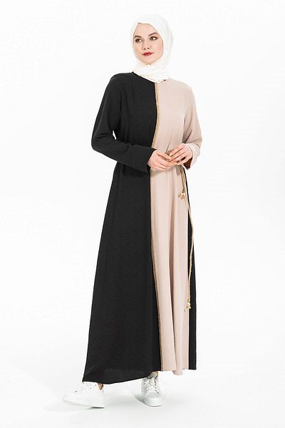 Beyza Μαύρο Φόρεμα Hijab - Ψάθινη Ζώνη, Esma 5095
