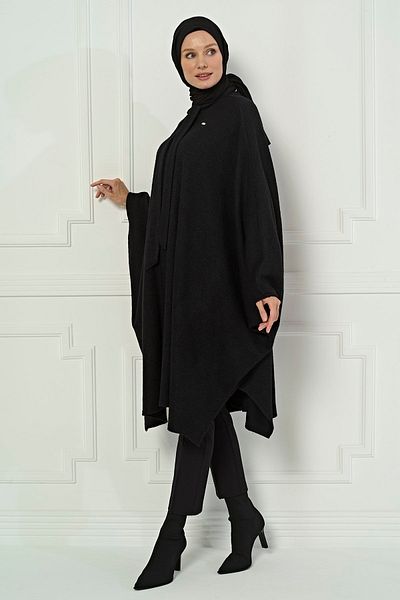Beyza Winter Black Ferace - Μανίκι νυχτερίδας, μοτίβο πεταλούδας 3493