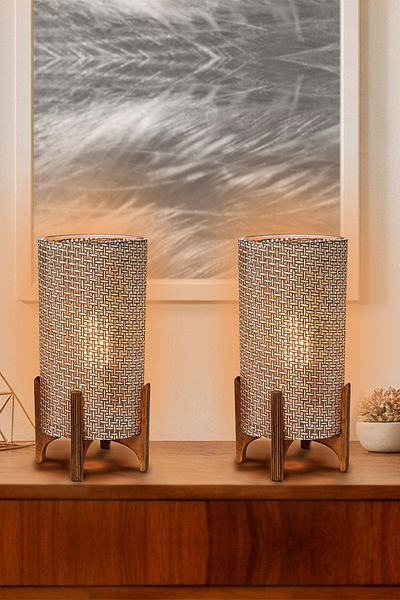 EFLIGHTDESIGN 2 قطعة عاكس الضوء الخشبي القهوة الخوص الحديثة الأنيقة غرفة نوم غرفة المعيشة الجدول مصباح