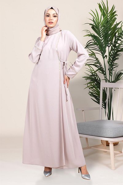 Beyza Μπεζ Φόρεμα Hijab - Διπλό Κλείσιμο και Λεπτομέρεια από πέτρα, Arduva Sticky 5383