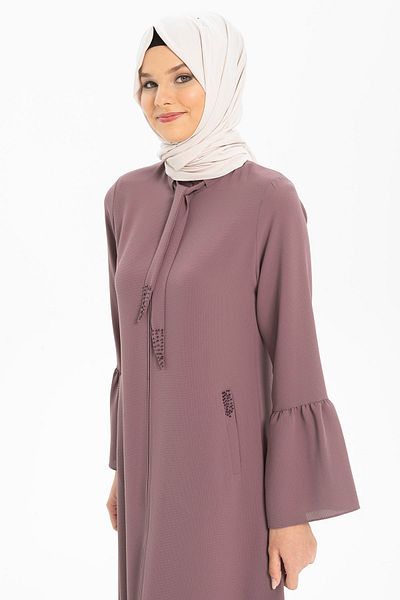 Beyza Бродирана с камъни капучино абая - яка с бижута, дантела 3457