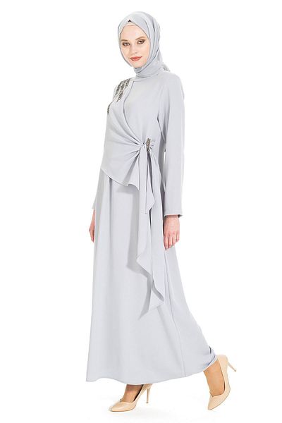 Beyza Γκρι Φόρεμα Hijab - Sonay Bonding Stone Λεπτομέρεια, Μοντέλο 5308