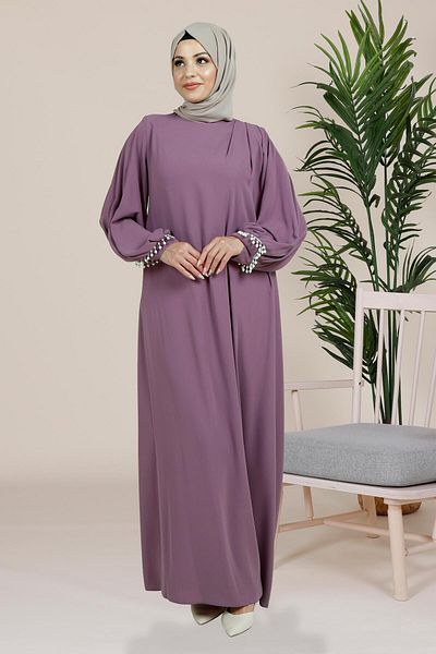 Beyza Λιλά Φόρεμα Hijab - Μανίκια Şark με πλισέ και λεπτομέρεια με πέρλες, Μοντέλο 5458