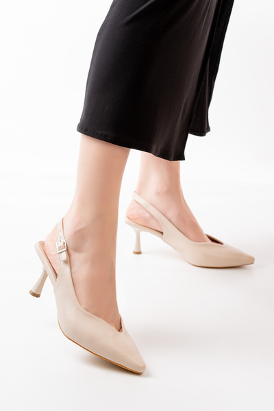MASSOLE BEIGE Leather Open Back Corner Women's Stiletto Summer Stylish Casual Premium V Model (7 CM)