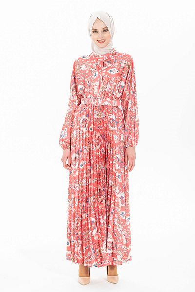 Beyza Red Hijab Dress - Buckle, Button and Belt 5364