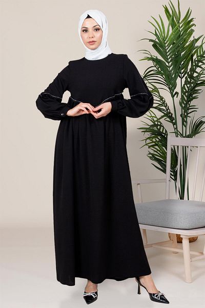 Beyza Μαύρο φόρεμα Hijab - Swan Robe και λεπτομέρεια ρίγες 5466