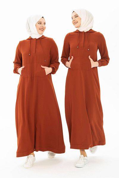 Beyza Κανέλα Χρώμα με κουκούλα Sweet Sports Hijab Φόρεμα 5219