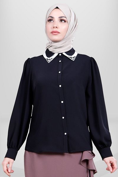 Beyza Μαύρο πουκάμισο Hijab - Μοντέλο 4083, με κουμπιά