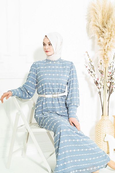 Beyza Indigo Hijab Dress - Με Κέντημα Λουλούδι και Ψάθινη Ζώνη, Μοντέλο 5260