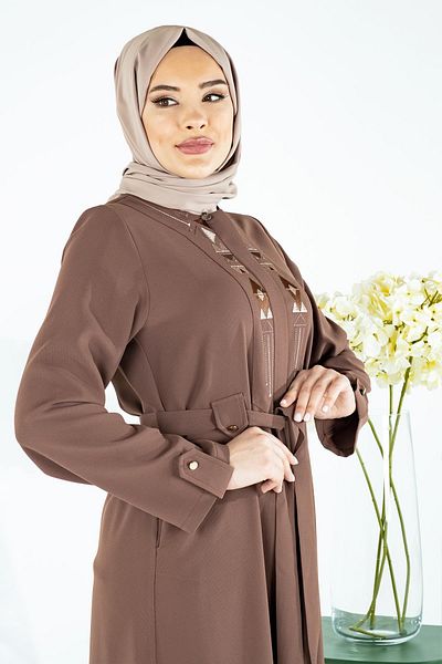 Beyza Кафява бродирана и с колан египетска абая, размер 3724