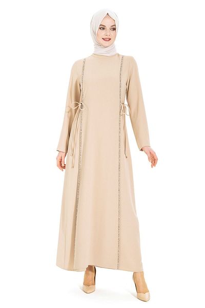 Beyza Μπεζ Φόρεμα Hijab - Πέτρινη ρίγα Aydan, Μοντέλο 5288
