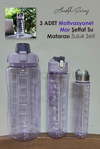 St Morritz 3,5 L 3 ADET Şeffaf Mor Motivasyonel Su Matarası Set 2 Litre 900ml...