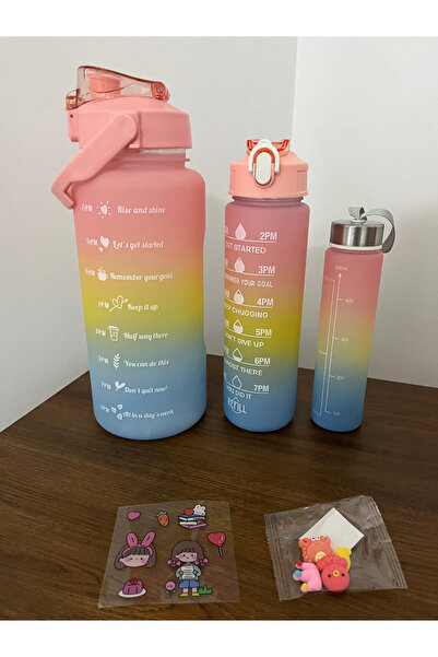 Genel Markalar Plastik Üçlü Set Motivasyon Su Matarası 2 L Siyah