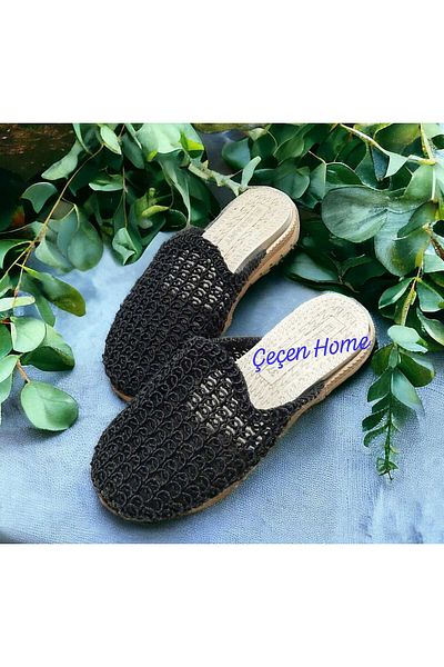 ÇEÇEN HOME Papuci de damă din paie bej cu plasă închisă în față tricotaj din dantelă Broderie detaliată, elegant, casă de vară, casă, plajă, vacanță