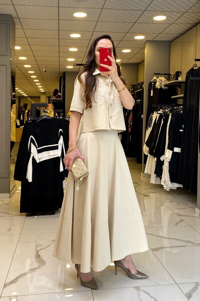 Vosse On Fashıon Kum Gold Düğme Detaylı Kısa Kollu Etekli Takım