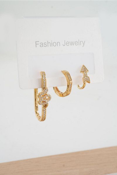By Zeyna Aksesuar Women's Vip Series Zircon Stone 3-Piece Earrings