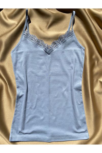 LEYNA BUTİK Corded Cotton Lycra Rope Strap V-Neck Blue Color Women's Blouse - Athlete