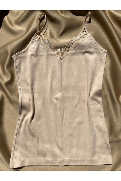 LEYNA BUTİK Corded Cotton Lycra Rope Strap V-Neck Nude Color Women's Blouse - Athlete