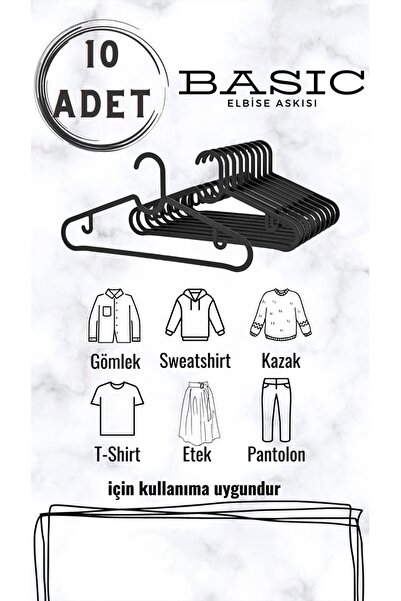 Tinsmith 10 Adet Elbise Askısı Tişört Pantolon Etek Basic Askı Siyah 10'lu Set