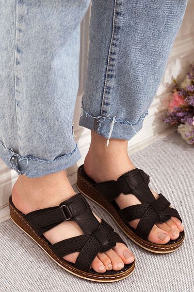 Adım Adım Women's Black Genuine Leather Orthopedic Slippers