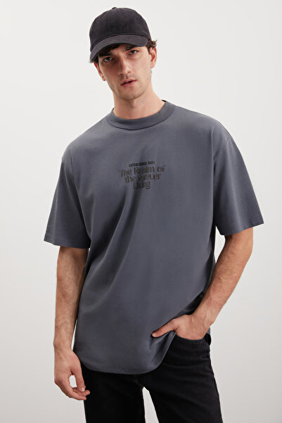 GRIMELANGE Claston Men's Crew Neck 100% Cotton Gray T-shirt with Print Detail