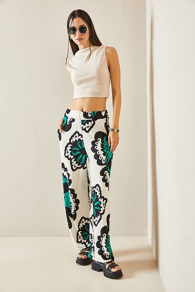 XHAN Green Elastic Waist Wide Leg Patterned Trousers 5YXK2-48405-08