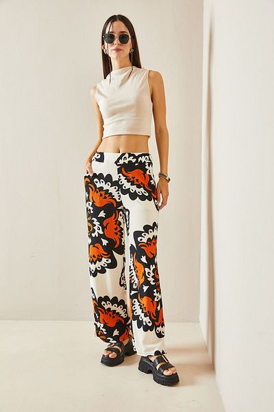 XHAN Orange Elastic Waist Wide Leg Patterned Trousers 5YXK2-48405-11