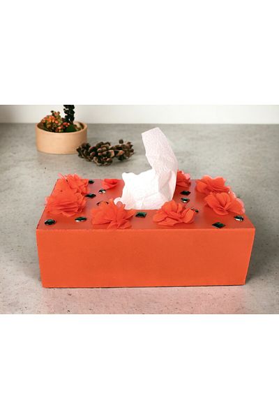 Fun Life Handmade Wooden Handkerchief Box Decorated with Flowers and Sequins - Orange