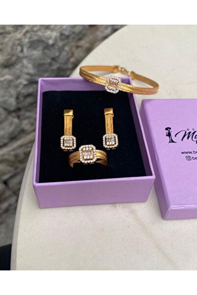 bestmysilver Kadın Gümüş Altın Kaplama Bagetli Bileklik-küpe-yüzük