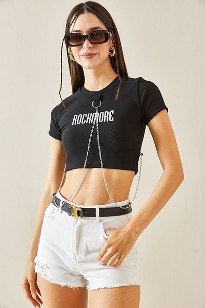 XHAN Black Crew Neck Chain Detailed Crop T-Shirt 5YXK1-48412-02