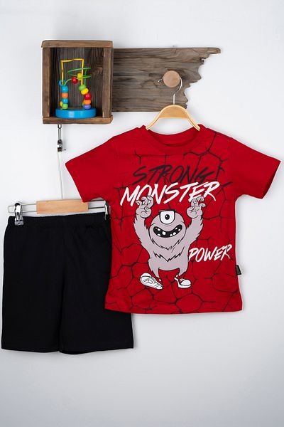 BAYAS STRONG MONSTER Summer Boys' Set 3-4-5-6 Years Old Children's Set Summer T-shirt Bottom and Top Set 100% Cotton