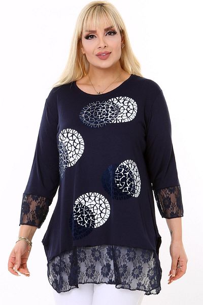 Kheos Round Neck Sleeve End and Lace Skirt Long Sleeve Comfortable and Loose Cut Stone Printed and Patterned Blouse on the Front