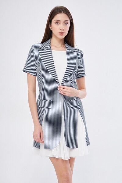 SELAZRA Rirua Ceket Yaka Çizgili Kısa Kol Regular Fit Lacivert Renk Elbise