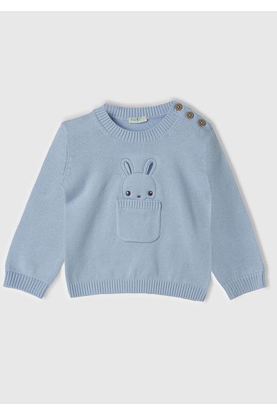 United Colors of Benetton Baby Light Blue Rabbit Printed Shoulder Buttoned Patch Pocket Sweater