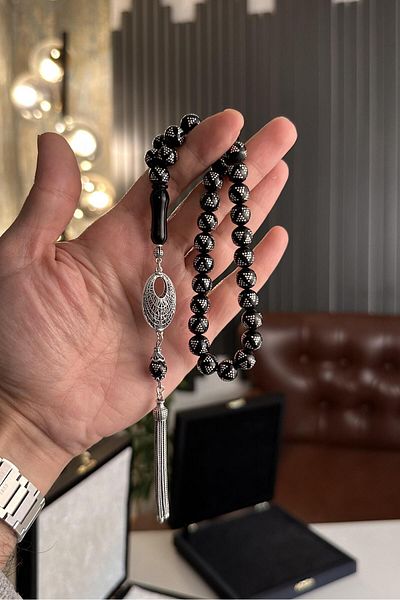 dergah tesbih Erzurum Oltu Stone Wrist Size Full Silver Processing Pyramid