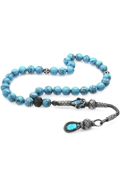 Tesbihane 1000 Sterling Silver Kazaz Tasseled Globe Cut Turquoise-Turquoise Natural Stone Rosary