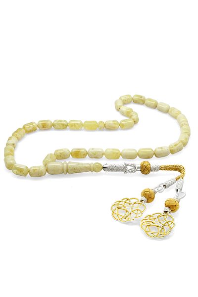 Tesbihane 1000 Carat Yellow-White Kazaz Tufted Capsule Cut King Seccer Drop Amber Prayer Beads