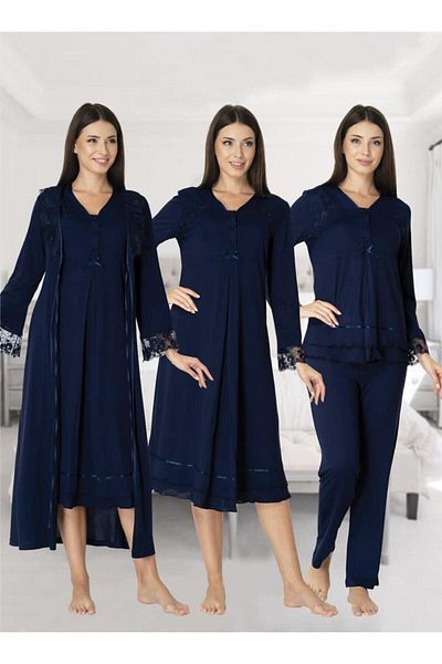 CT MODA Effort Navy Blue Lace Detailed Long Sleeve Pregnant Maternity Set of 4